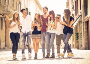 group of friends meeting in the city center